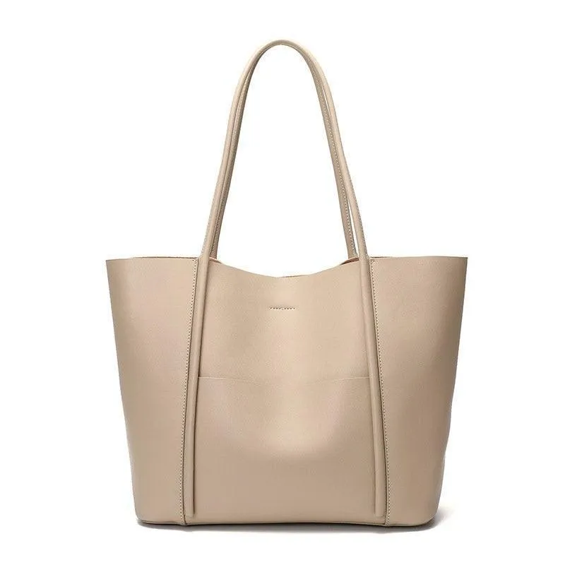Minimalist Genuine Leather Tote Large Handbag, Top Handle Purse, Soft Leather Black Purse, Beige Leather Weekday Bag, Everyday Bag