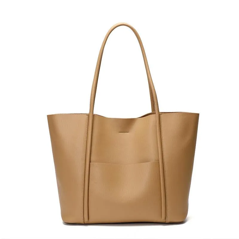 Minimalist Genuine Leather Tote Large Handbag, Top Handle Purse, Soft Leather Black Purse, Beige Leather Weekday Bag, Everyday Bag
