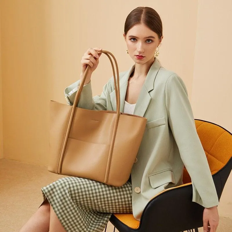 Minimalist Genuine Leather Tote Large Handbag, Top Handle Purse, Soft Leather Black Purse, Beige Leather Weekday Bag, Everyday Bag