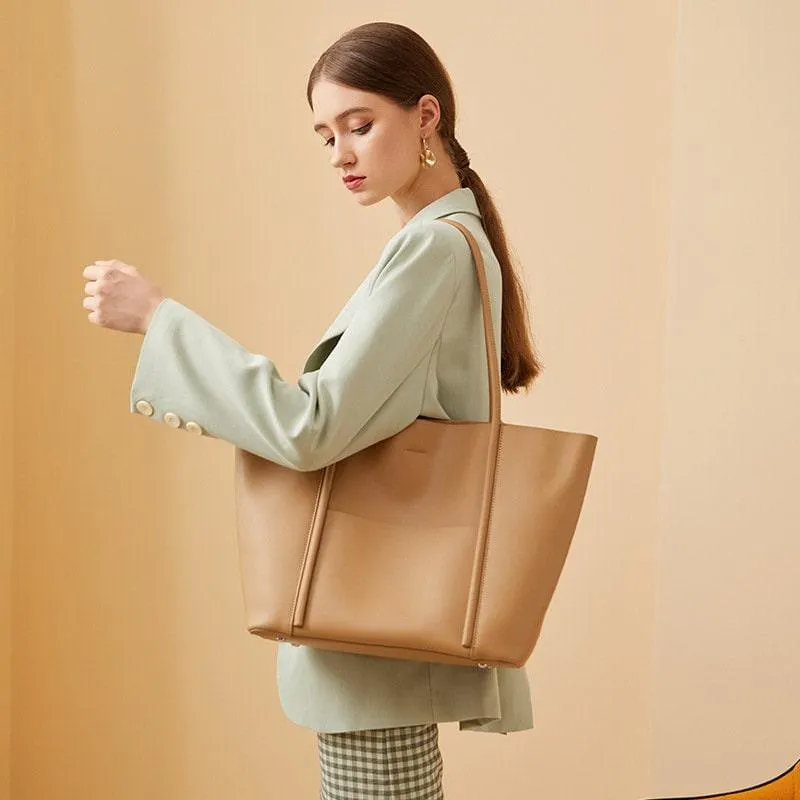 Minimalist Genuine Leather Tote Large Handbag, Top Handle Purse, Soft Leather Black Purse, Beige Leather Weekday Bag, Everyday Bag