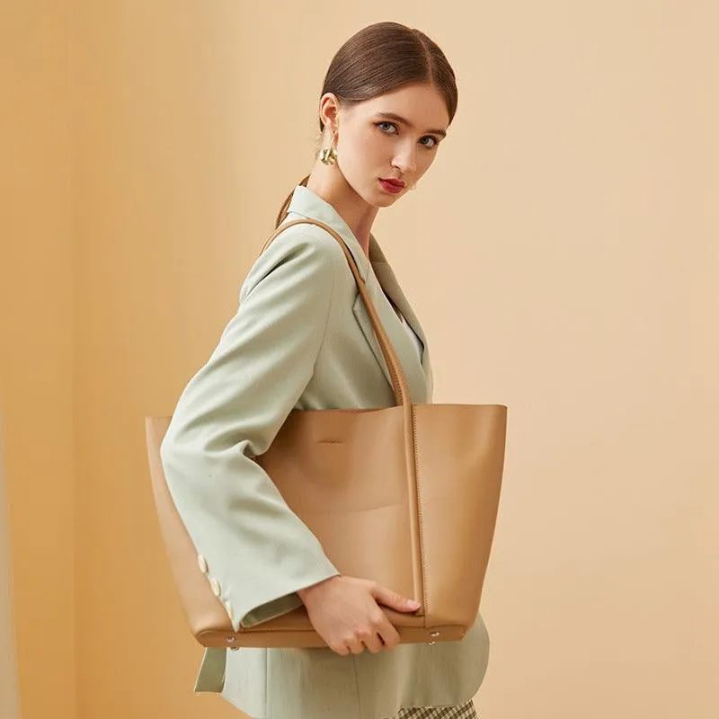 Minimalist Genuine Leather Tote Large Handbag, Top Handle Purse, Soft Leather Black Purse, Beige Leather Weekday Bag, Everyday Bag