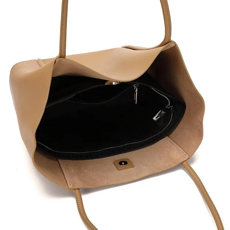 Minimalist Genuine Leather Tote Large Handbag, Top Handle Purse, Soft Leather Black Purse, Beige Leather Weekday Bag, Everyday Bag