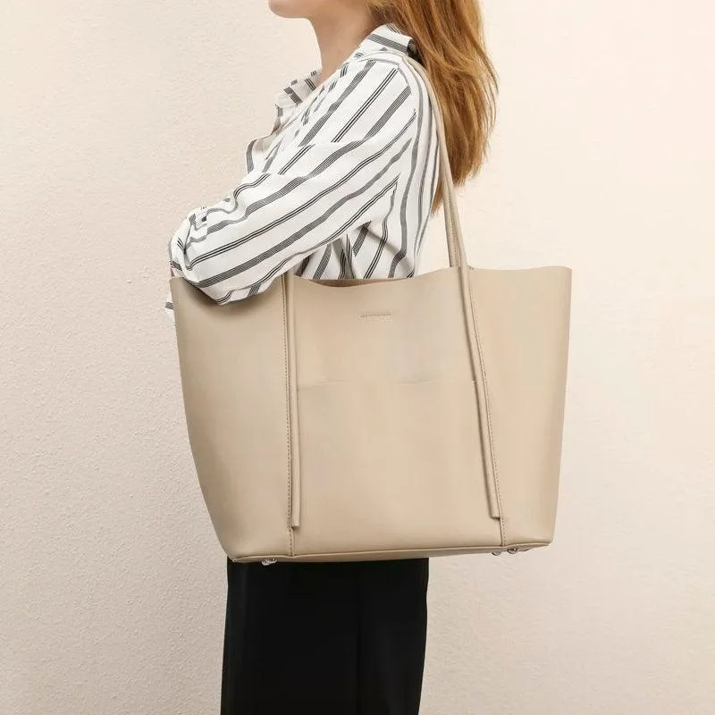 Minimalist Genuine Leather Tote Large Handbag, Top Handle Purse, Soft Leather Black Purse, Beige Leather Weekday Bag, Everyday Bag
