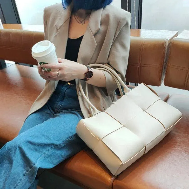 Quilted Large Leather Tote Bag, Minimalist Top Handle Bag, Elegant Convertible Shoulder Bag, Classic Style Soft Leather Work Bag