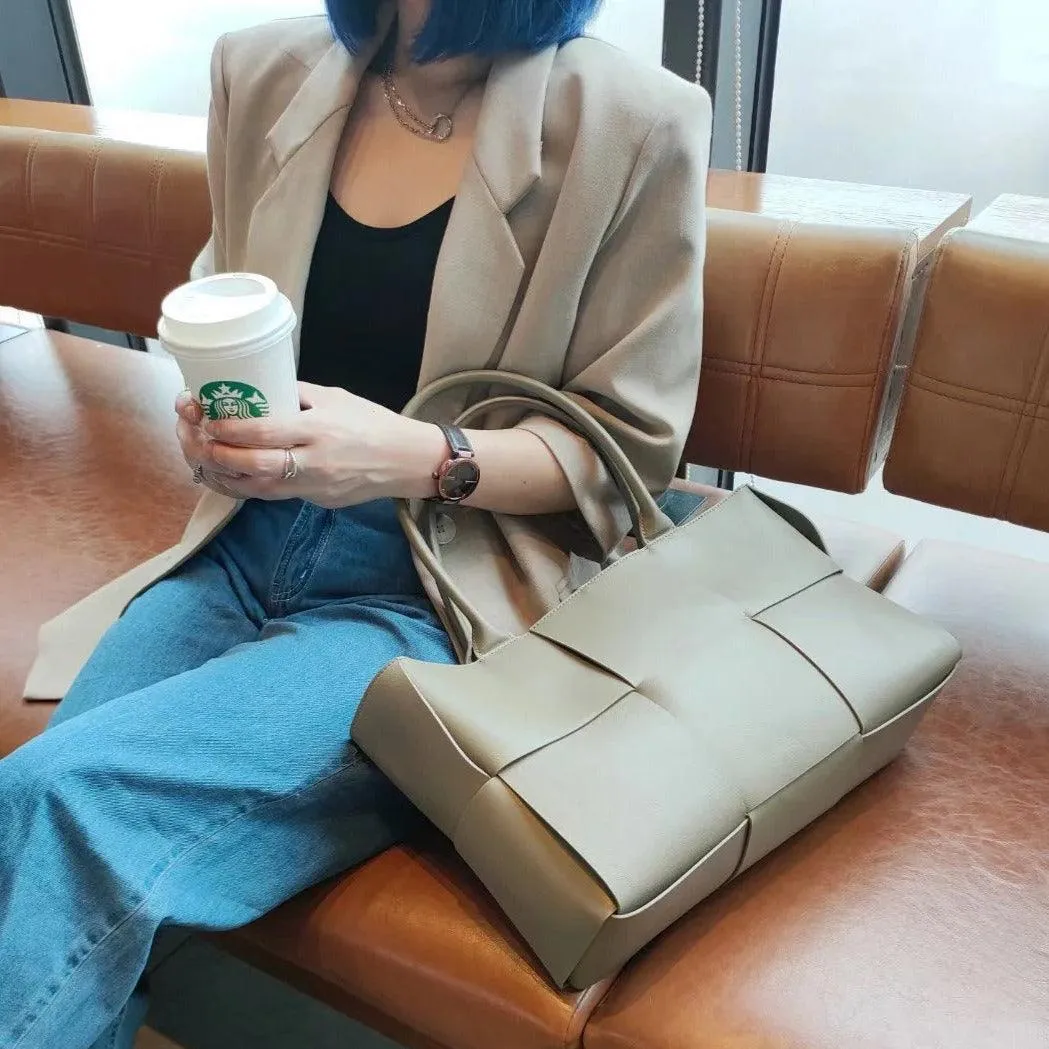 Quilted Large Leather Tote Bag, Minimalist Top Handle Bag, Elegant Convertible Shoulder Bag, Classic Style Soft Leather Work Bag