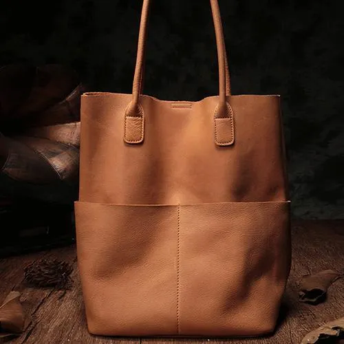 Vertical Black Leather Tote Bag Womens Brown Shopper Tote Handbag Purse