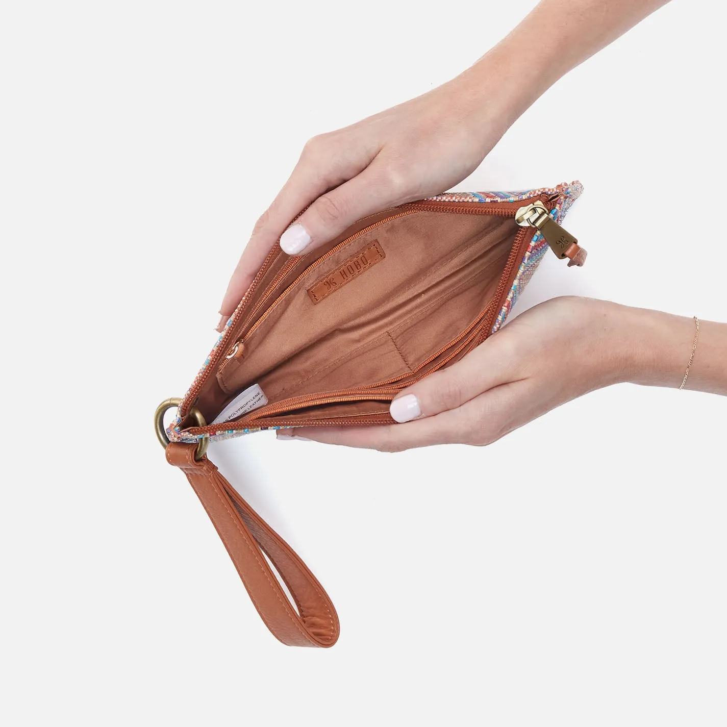 Vida Wristlet In Multi Weave With Leather Trim - Sunset Raffia