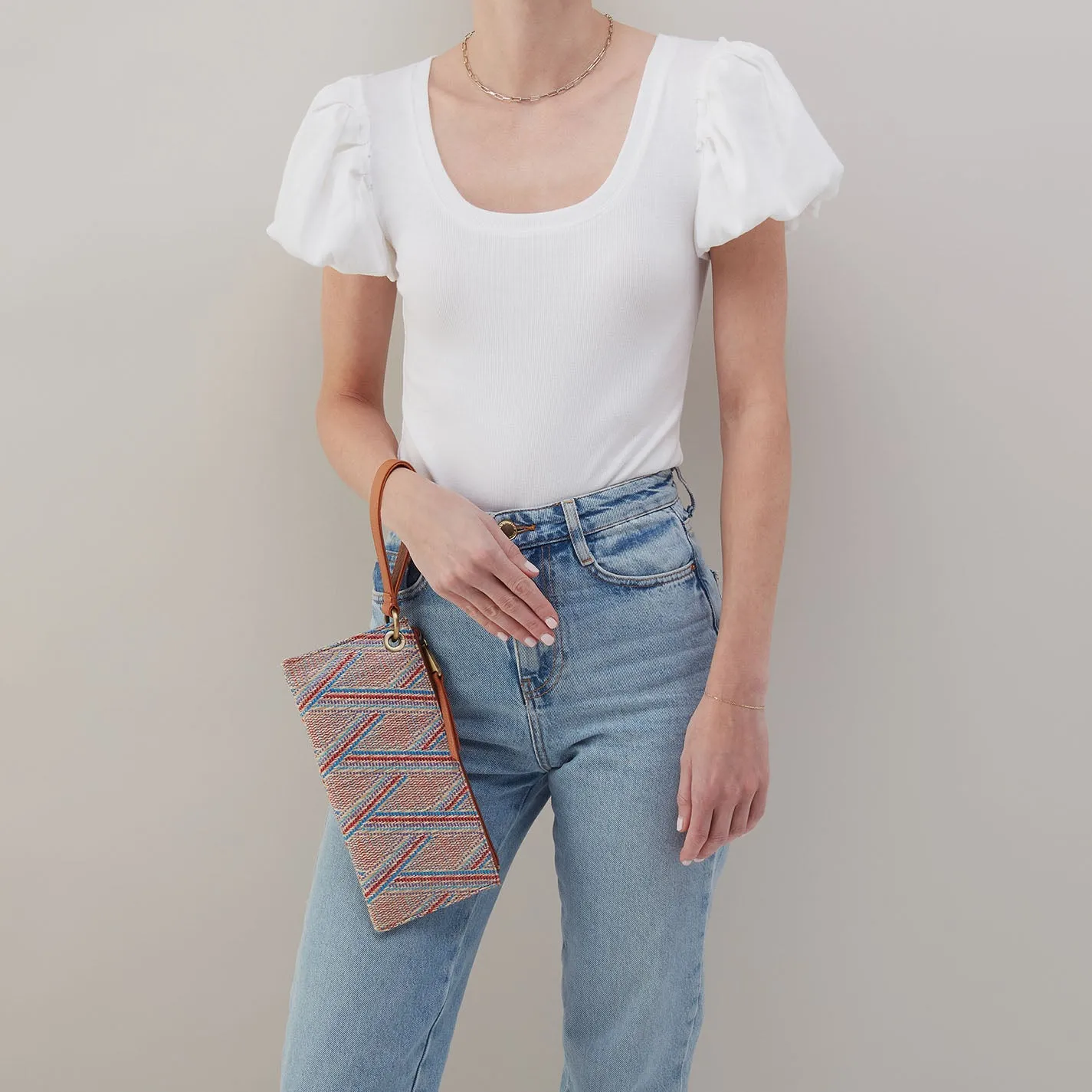 Vida Wristlet In Multi Weave With Leather Trim - Sunset Raffia