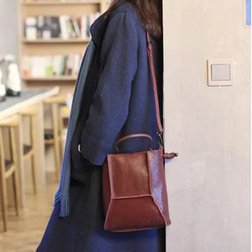 VIntage Womens Leather Burgundy Tote Purse Bucket Tote Small Black Shoulder Bucket Work Bag for Ladies