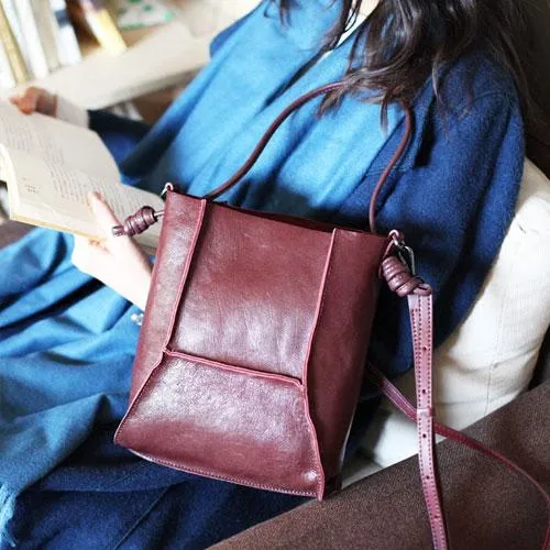 VIntage Womens Leather Burgundy Tote Purse Bucket Tote Small Black Shoulder Bucket Work Bag for Ladies