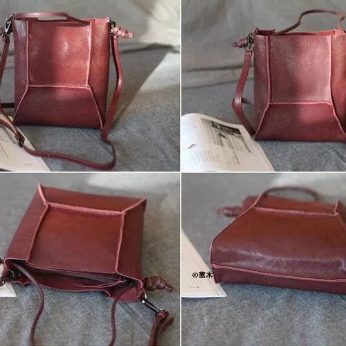 VIntage Womens Leather Burgundy Tote Purse Bucket Tote Small Black Shoulder Bucket Work Bag for Ladies