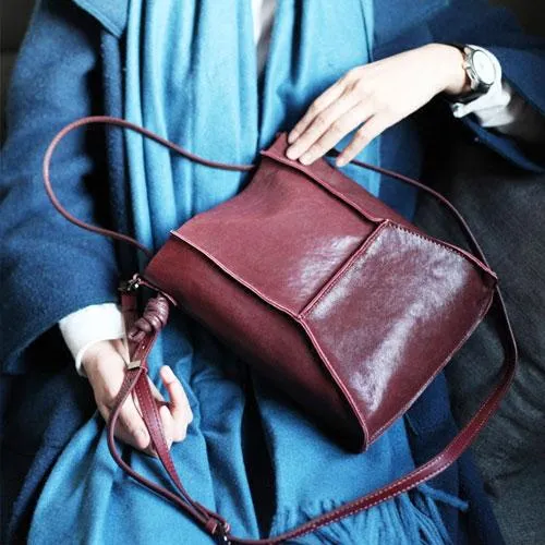VIntage Womens Leather Burgundy Tote Purse Bucket Tote Small Black Shoulder Bucket Work Bag for Ladies
