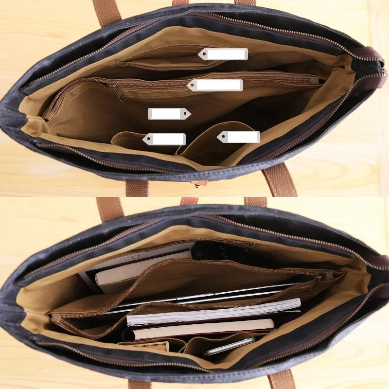Waxed Leather Mens Womens Black 14'' Waterproof Tote Bag Handbag Tote Bag Shoulder Bag Tote Purse For Men