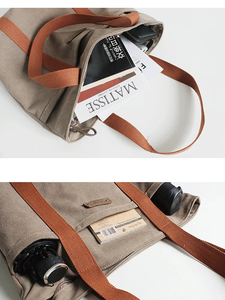 Women Khaki Canvas Shopper Tote Bags Two Tone Canvas Tote Bags
