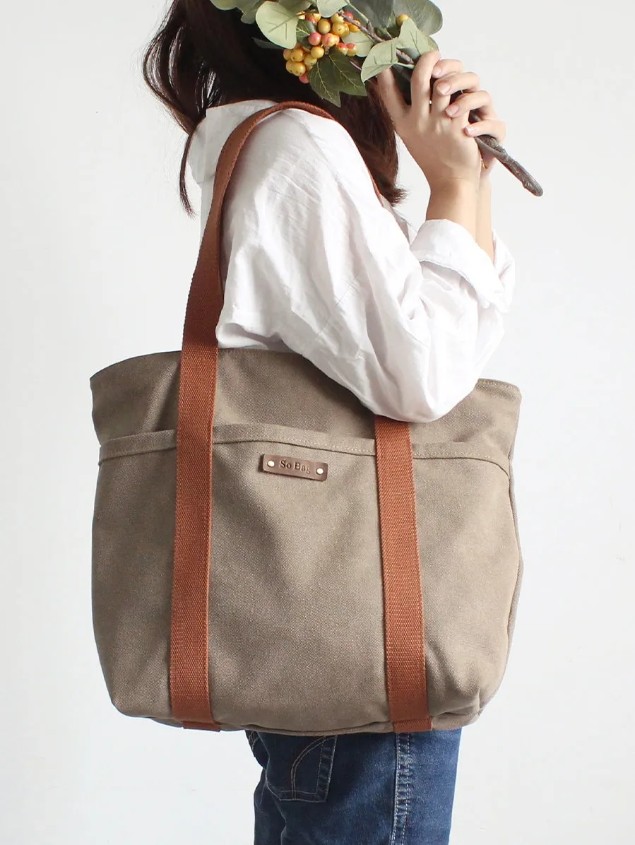 Women Khaki Canvas Shopper Tote Bags Two Tone Canvas Tote Bags