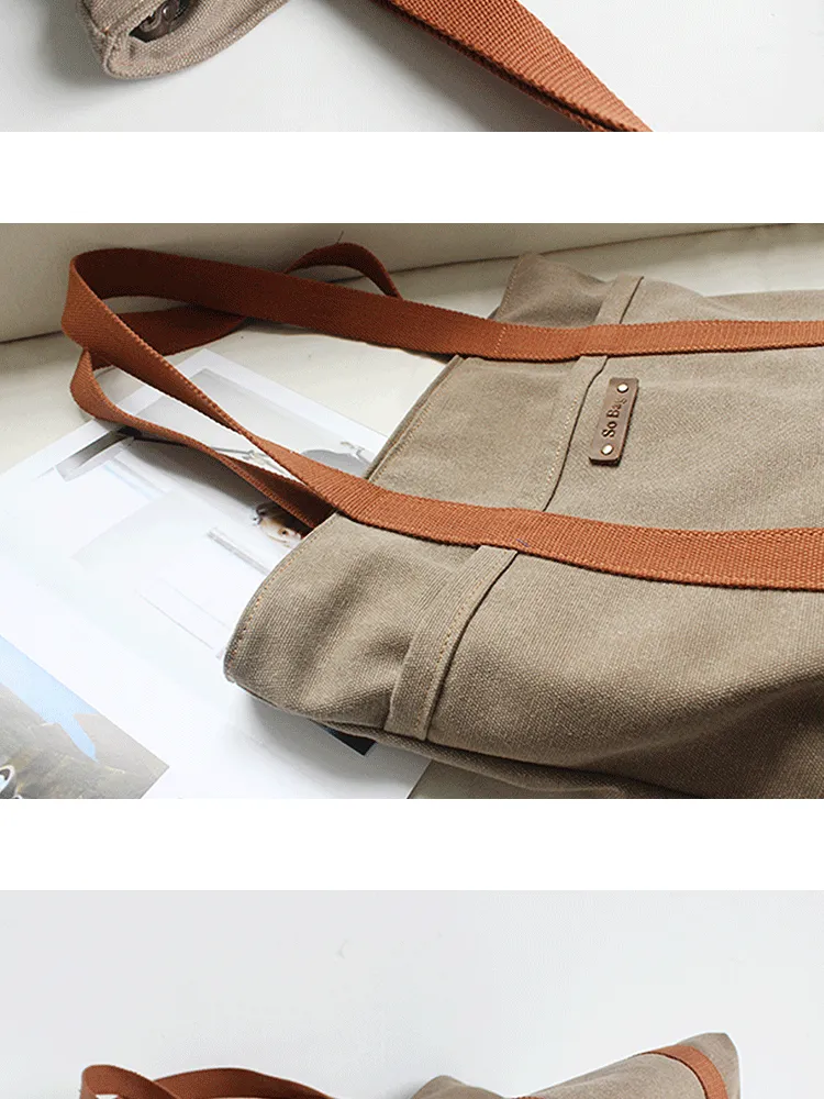 Women Khaki Canvas Shopper Tote Bags Two Tone Canvas Tote Bags