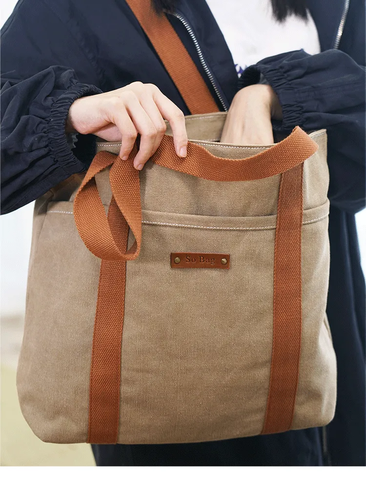 Women Khaki Canvas Shopper Tote Bags Two Tone Canvas Tote Bags