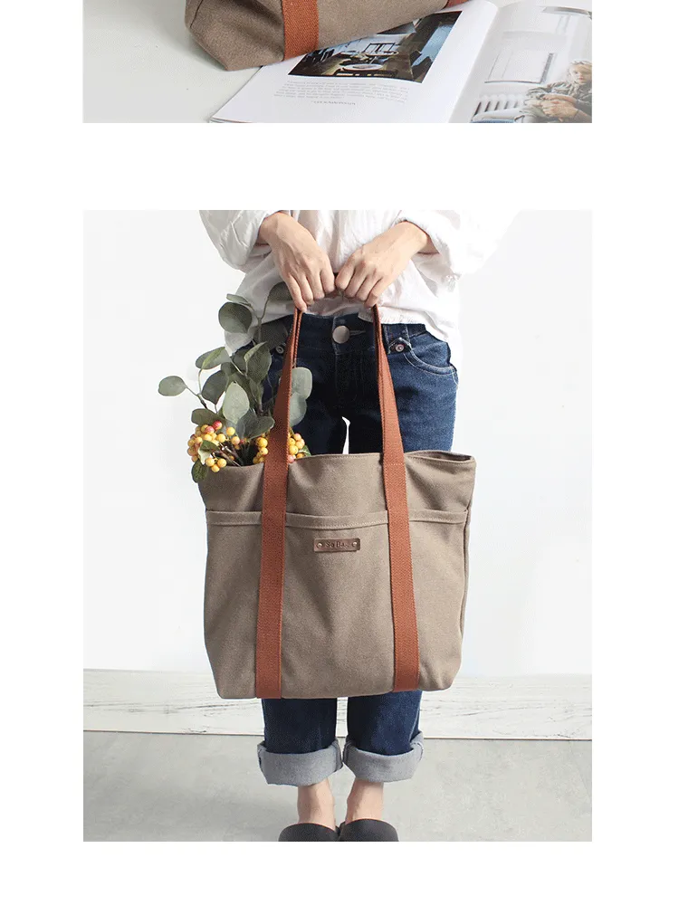 Women Khaki Canvas Shopper Tote Bags Two Tone Canvas Tote Bags