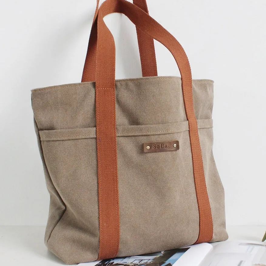 Women Khaki Canvas Shopper Tote Bags Two Tone Canvas Tote Bags