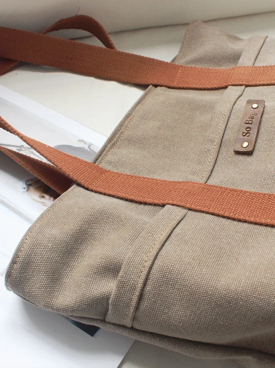 Women Khaki Canvas Shopper Tote Bags Two Tone Canvas Tote Bags