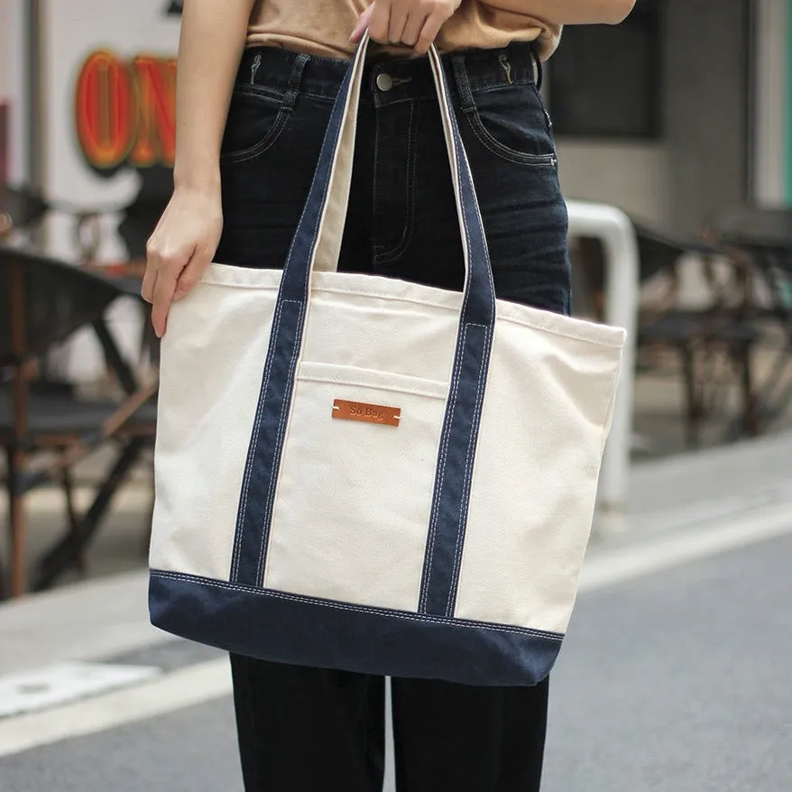 Womens White&Blue Shopping Canvas Tote Bag White Large Canvas Book Tote