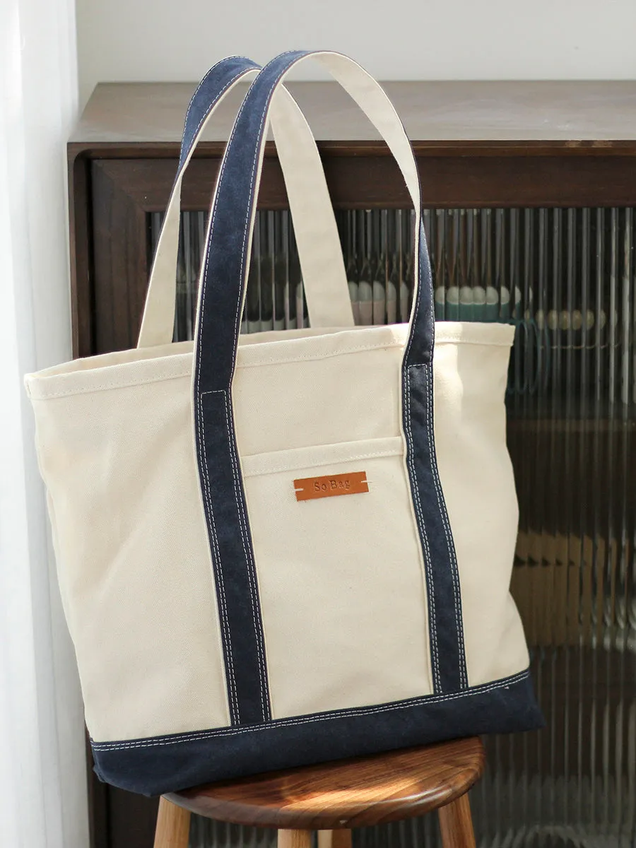 Womens White&Blue Shopping Canvas Tote Bag White Large Canvas Book Tote