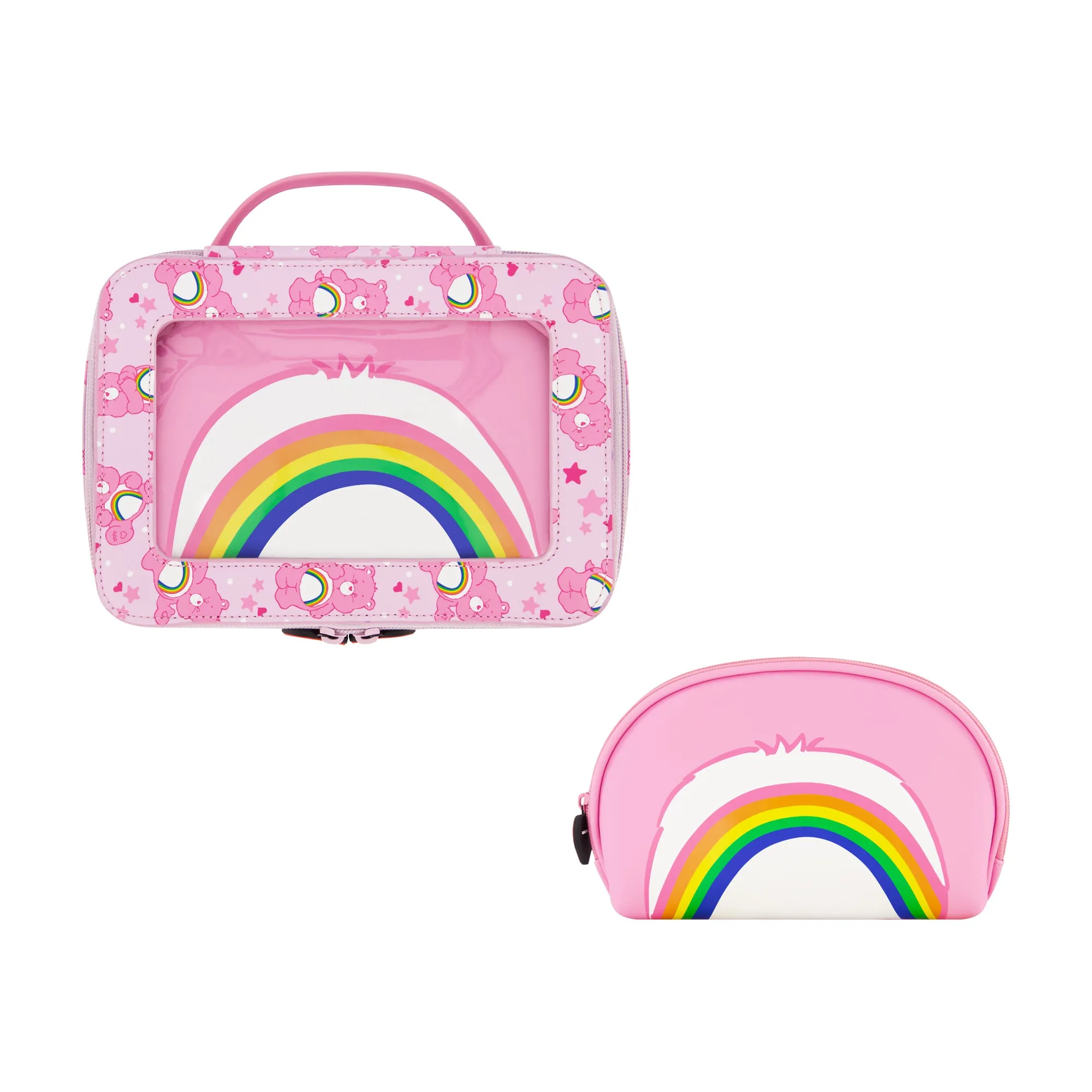 Care Bears Cheer Bear 2-Piece Travel Cosmetic Case Set C Rainbow and Cheer Bear Design with Heart Zipper Pulls