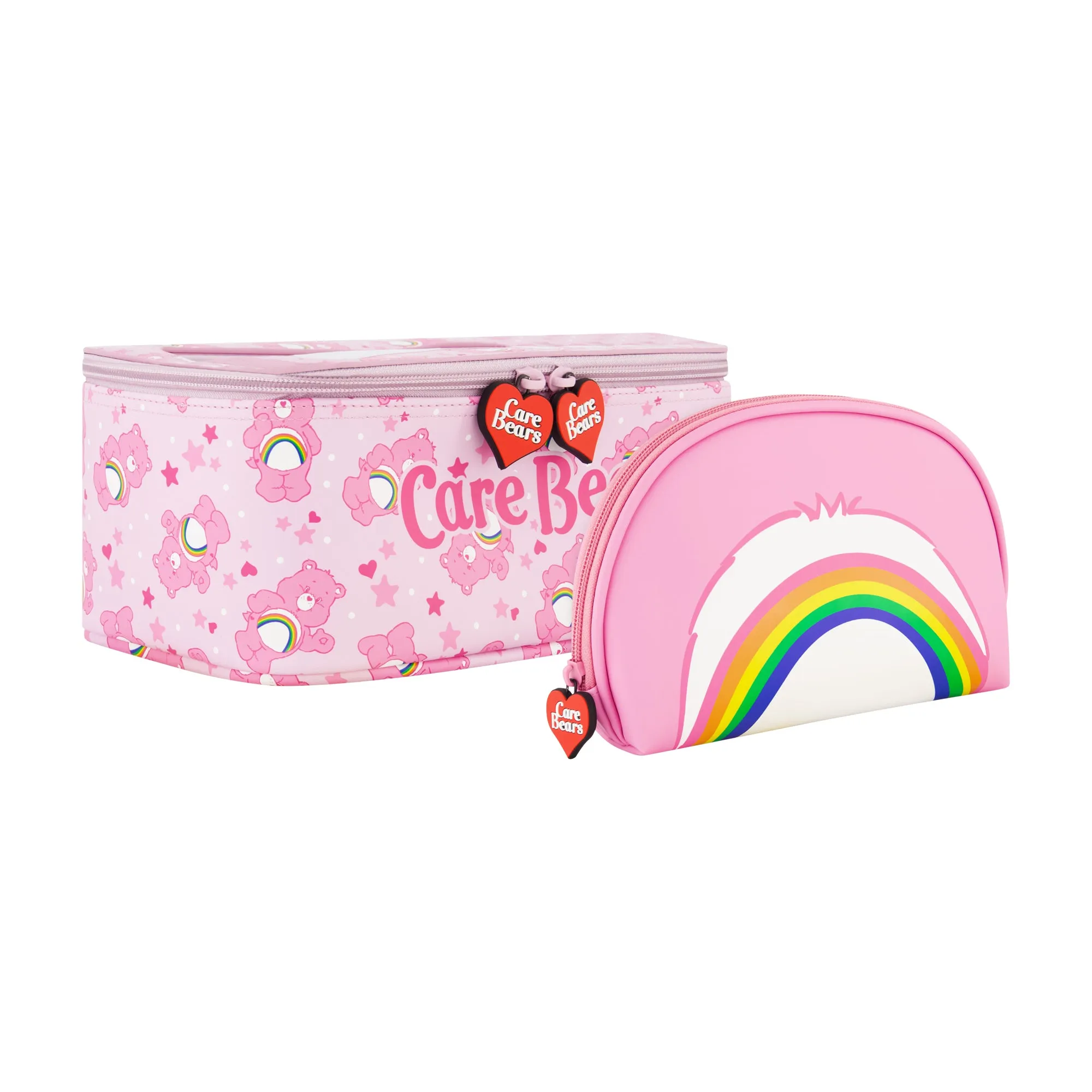 Care Bears Cheer Bear 2-Piece Travel Cosmetic Case Set C Rainbow and Cheer Bear Design with Heart Zipper Pulls