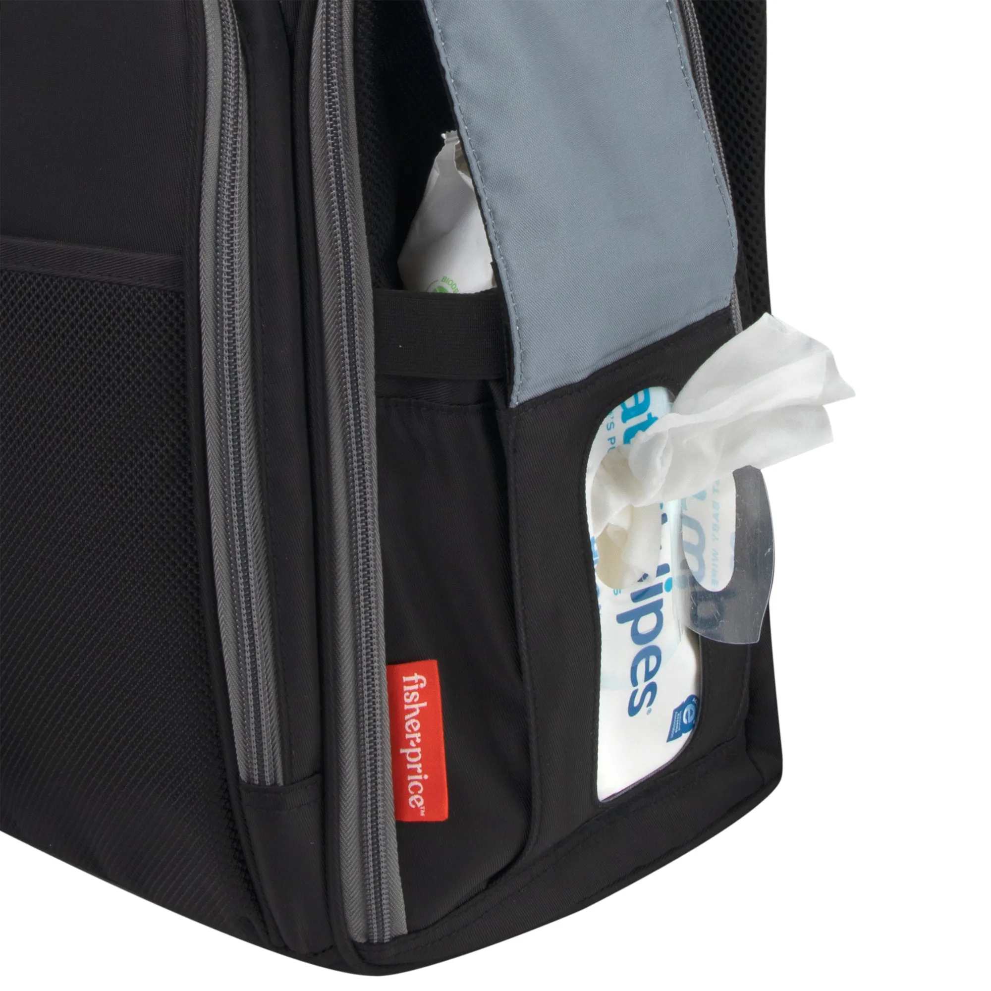 Fisher-Price Fastfinder Multi-Pocket Diaper Bag Backpack - Gray Interior   Changing Pad