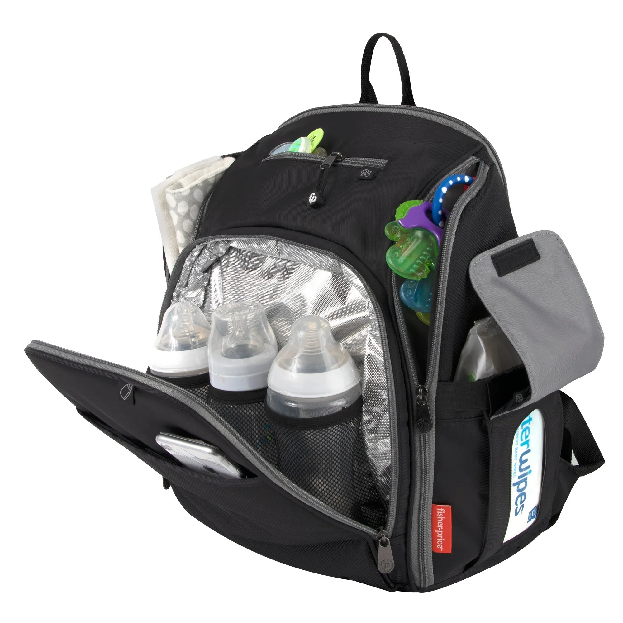 Fisher-Price Fastfinder Multi-Pocket Diaper Bag Backpack - Gray Interior   Changing Pad