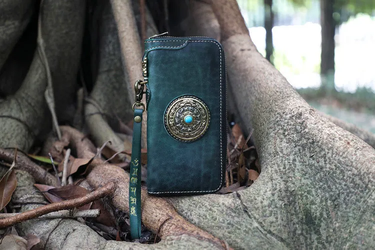Handmade Green Leather Tibetan Totem Long Wallet Cool Zipper Clutch Wristlet Wallet for Men