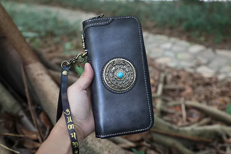 Handmade Green Leather Tibetan Totem Long Wallet Cool Zipper Clutch Wristlet Wallet for Men