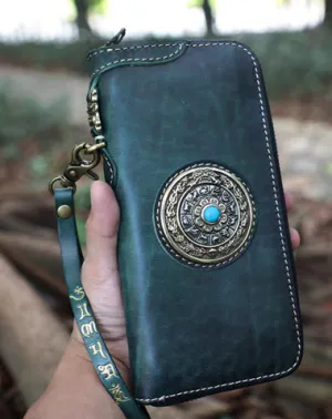 Handmade Green Leather Tibetan Totem Long Wallet Cool Zipper Clutch Wristlet Wallet for Men