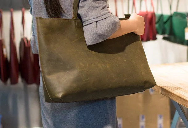 Handmade Leather vintage Big Large tote bag dark green for women leather shoulder bag